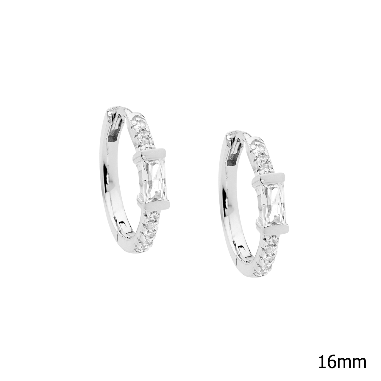 Ss Wh Cz 16Mm Hoop Earrings W/ Wh Baguette Cz