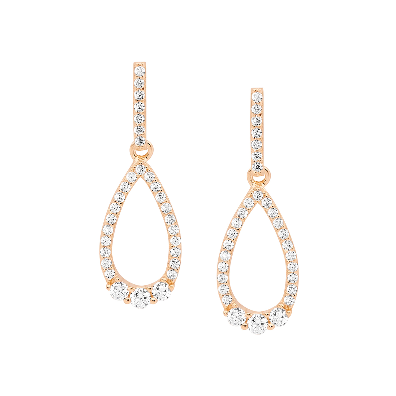 Ss Wh Cz Open Tear Drop Earrings,3X Cz Feature W/Rose Gold Plating