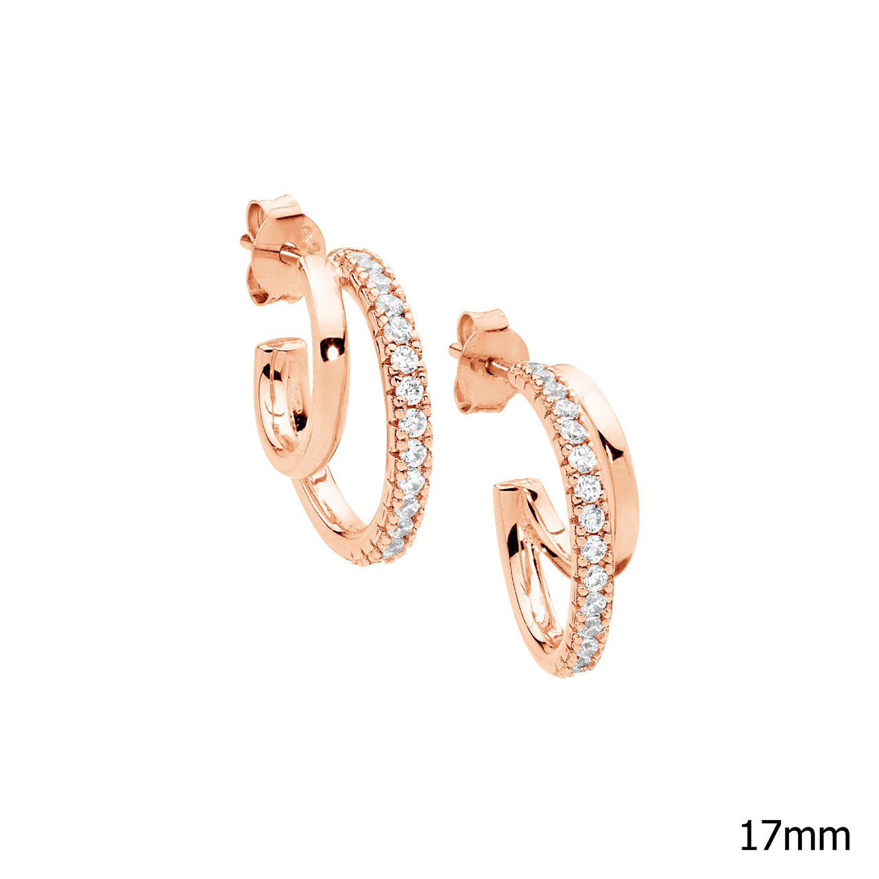 Ss 17Mm Dble Hoop Earrings, 1X Wh Cz W/Rose Gold Plating