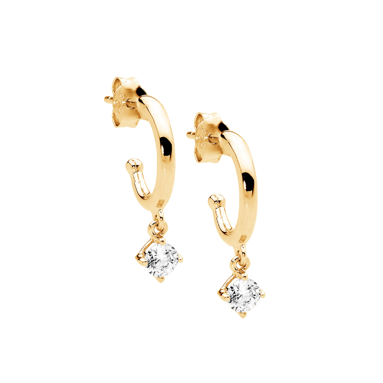 Ss 13Mm Hoop Earrings, Wh Cz Claw Set Drop W/Gold Plating