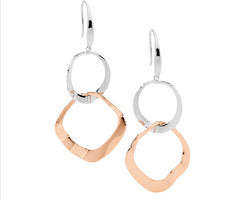 Stainless Steel Dbl Wave Open Circle Earrings W/2 Tone Rose Gold Ip Plating