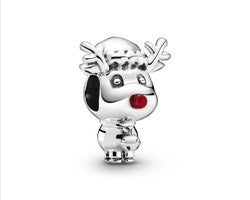 Red Nose Reindeer Silver Charm w Red Enamel Charm
