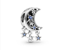 Moon And Star Sterling Silver Charm With Stellar Blue Crystal And Clear Cubic Zirconia