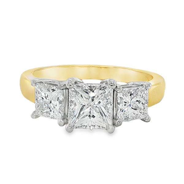 princess cut natural diamond trilogy ring 1.05ct yellow gold platinum three stone engagement ring