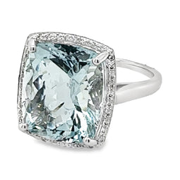 18ct White Gold Cushion Cut Aquamarine & Diamond Halo Ring A=8.18ct DI=0.10ct