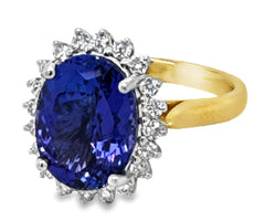 18ct Yellow/White Gold Tanzanite & Diamond Halo Ring TZ=5.18ct DI=0.42ct