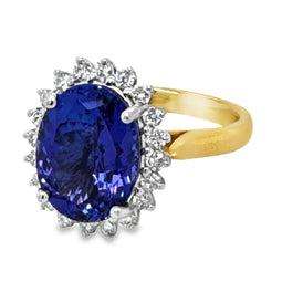 18ct Yellow/White Gold Tanzanite & Diamond Halo Ring TZ=5.18ct DI=0.42ct