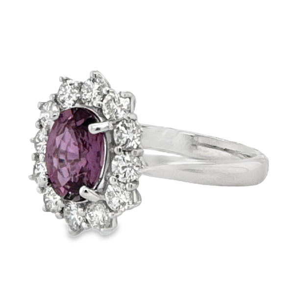 18ct White Gold Pink Sapphire & Diamond Halo Ring SA=1.17ct DI=0.95ct