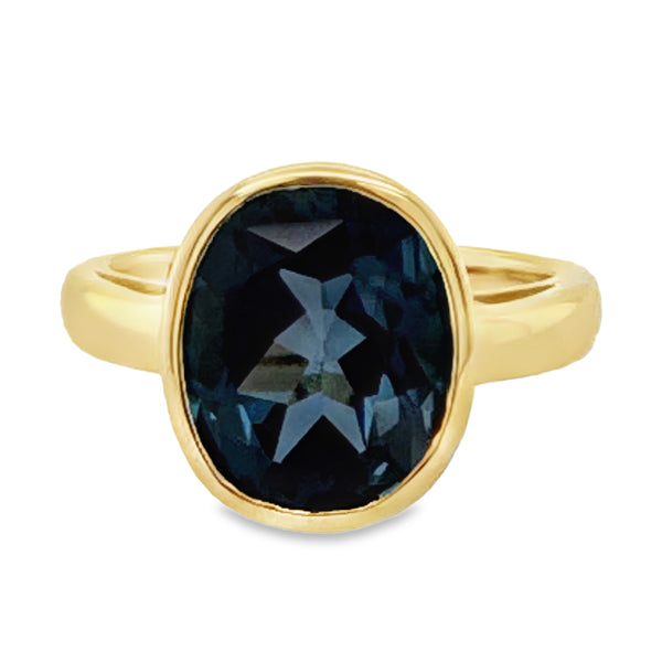9ct Yellow Gold Oval Rubover Set London Blue Topaz