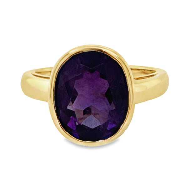 9ct Yellow Gold Rubover Set Oval Cut Amethyst Ring