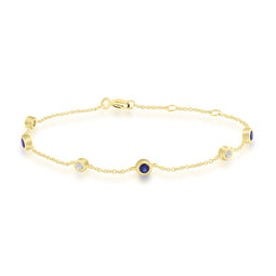 9K Yellow Gold Sapphire & Diamond Station Bracelet 18.5Cm