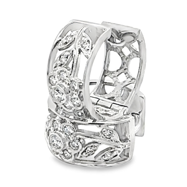 9ct White Gold Diamond Floral Design Huggies