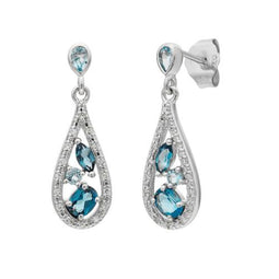 9ct White Gold London Blue Topaz & Diamond Drop Earrings