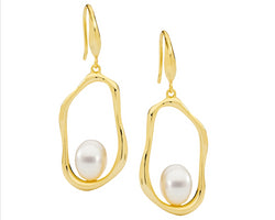 Ss Open Oval Earrings W/ Freshwater Pearl On Shp/Hook, Gold Plating