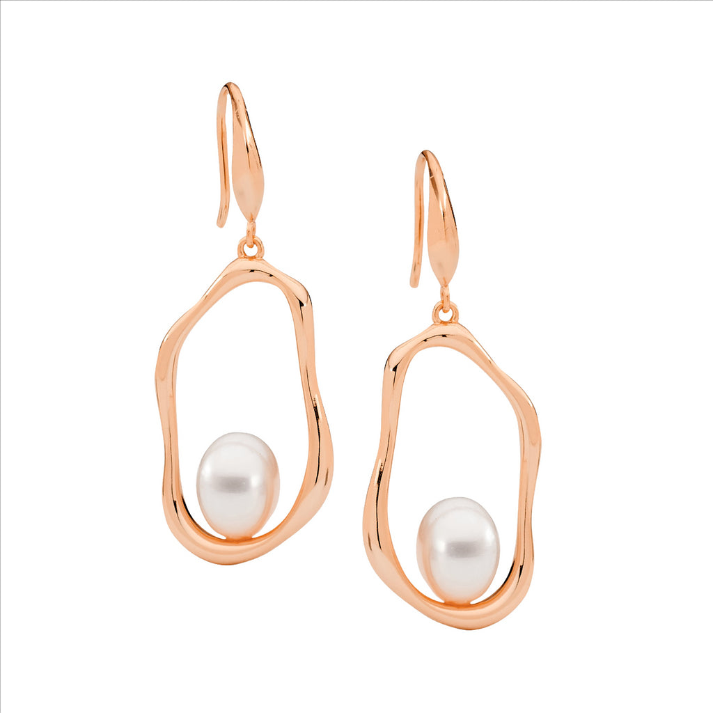 Ss Open Oval Earrings W/ Freshwater Pearl On Shp/Hook, Rose Gold Plating