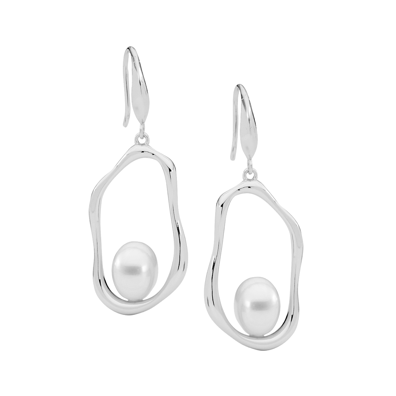 Ss Open Oval Earrings W/ Freshwater Pearl On Shp/Hook
