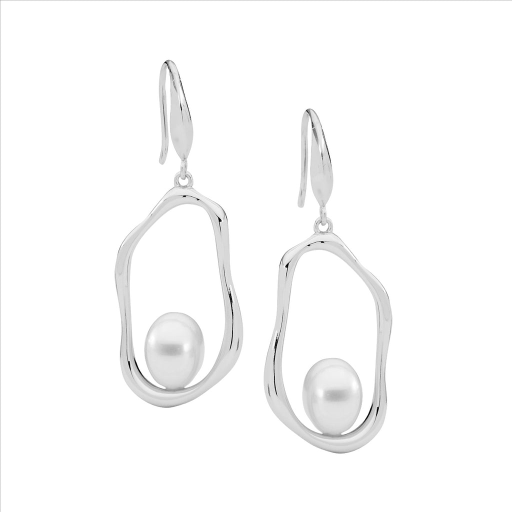 Ss Open Oval Earrings W/ Freshwater Pearl On Shp/Hook