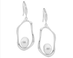 Ss Open Oval Earrings W/ Freshwater Pearl On Shp/Hook
