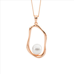 Ss Open Oval Pendant W/ Freshwater Pearl, Rose Gold Plating
