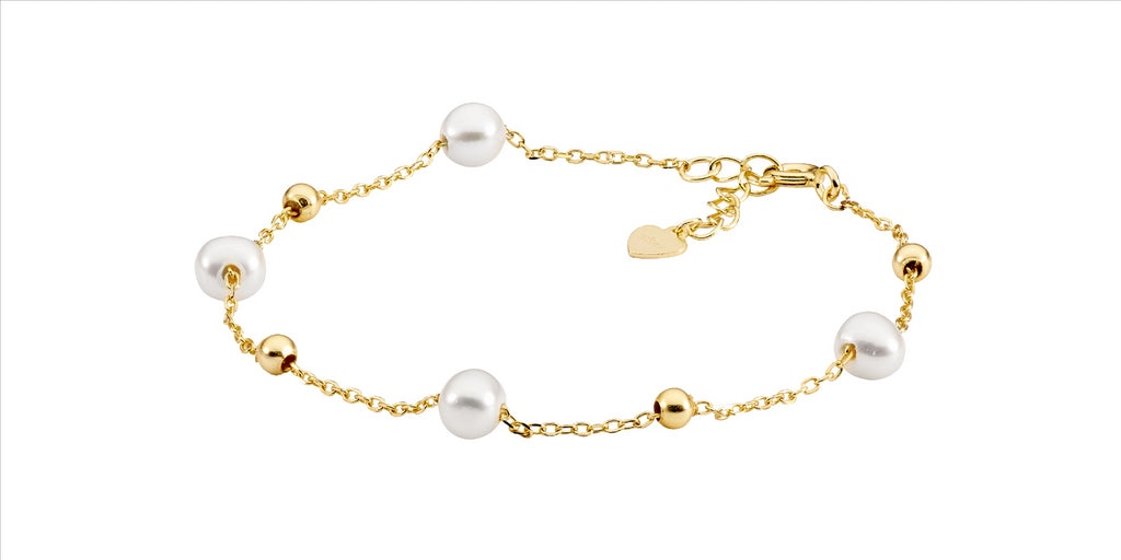 Sterling Silver Freshwater Pearl And Ball 18+2Cm Bracelet Gold Plated