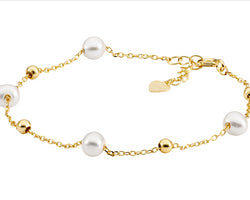 Sterling Silver Freshwater Pearl And Ball 18+2Cm Bracelet Gold Plated