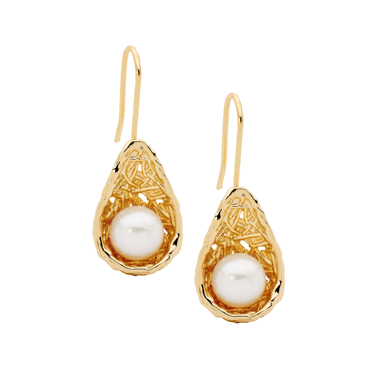 Sterling Silver, Freshwater Pearl In Weave Basket Earrings, Gold Plated