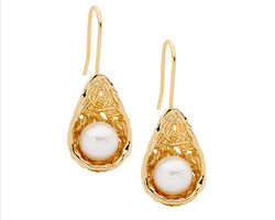 Sterling Silver, Freshwater Pearl In Weave Basket Earrings, Gold Plated