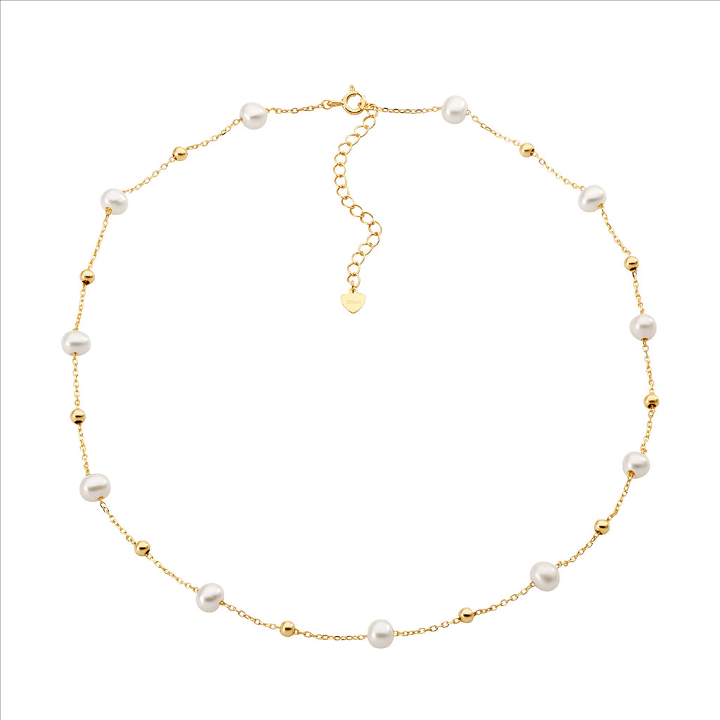 Sterling Silver Freshwater Pearl And Ball 40+ 5Cm Necklace, Gold Plated