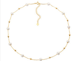 Sterling Silver Freshwater Pearl And Ball 40+ 5Cm Necklace, Gold Plated