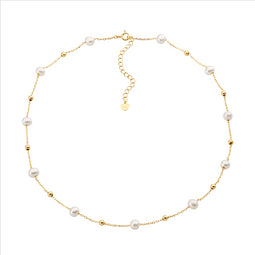 Sterling Silver Freshwater Pearl And Ball 40+ 5Cm Necklace, Gold Plated