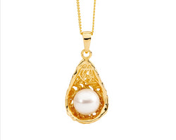 Sterling Silver, Freshwater Pearl In Weave Basket Pendant, Gold Plating