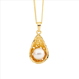 Sterling Silver, Freshwater Pearl In Weave Basket Pendant, Gold Plating