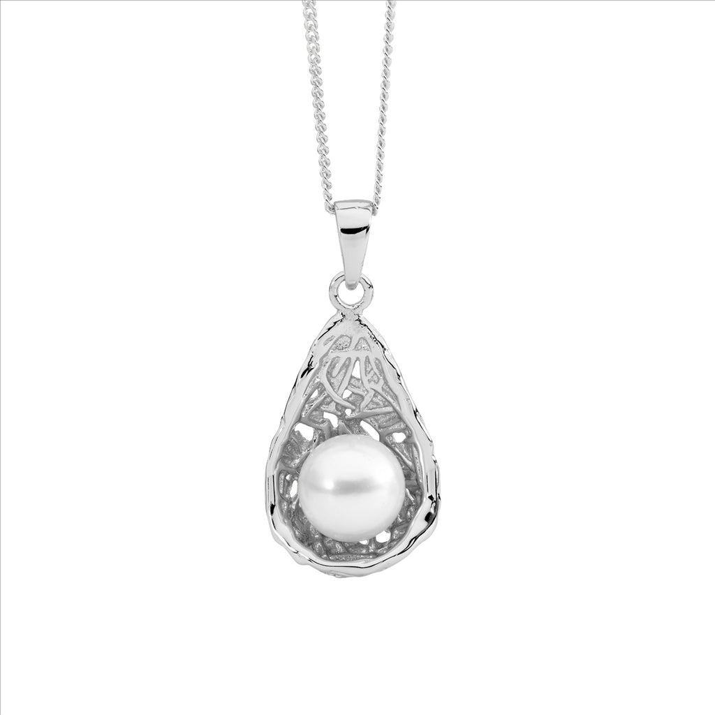 Sterling Silver Freshwater Pearl In Weave Basket Pendant
