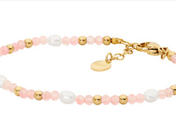 Stainless Steel Rose Quartz & Freshwater Pearl 17.5Cm Bracelet W/Gold Ip Plating