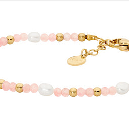 Stainless Steel Rose Quartz & Freshwater Pearl 17.5Cm Bracelet W/Gold Ip Plating