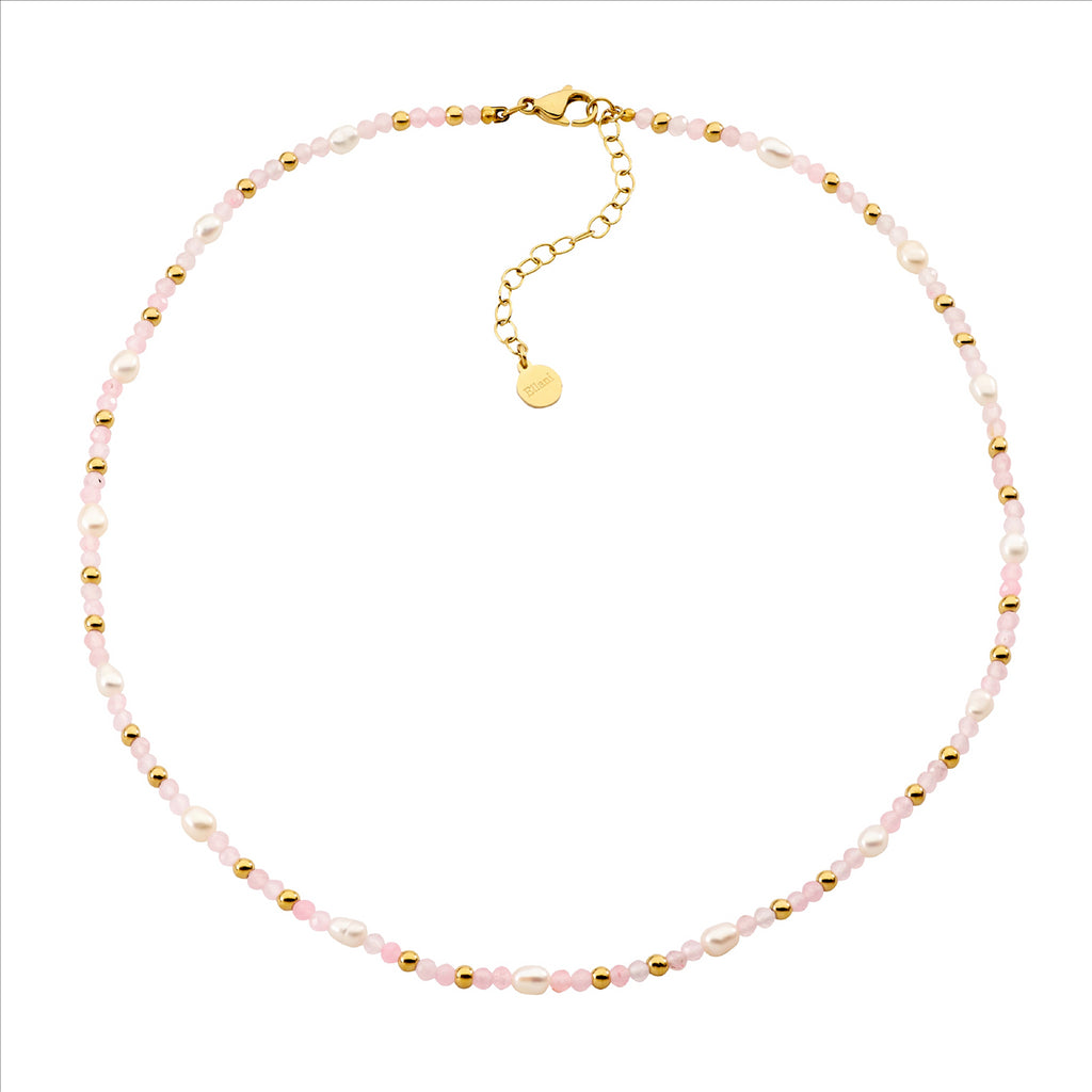 Stainless Steel Rose Quartz & Freshwater Pearl 40Cm Necklace W/Gold Ip Plating