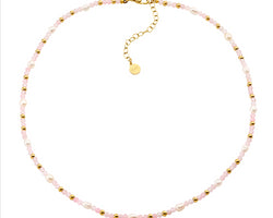 Stainless Steel Rose Quartz & Freshwater Pearl 40Cm Necklace W/Gold Ip Plating