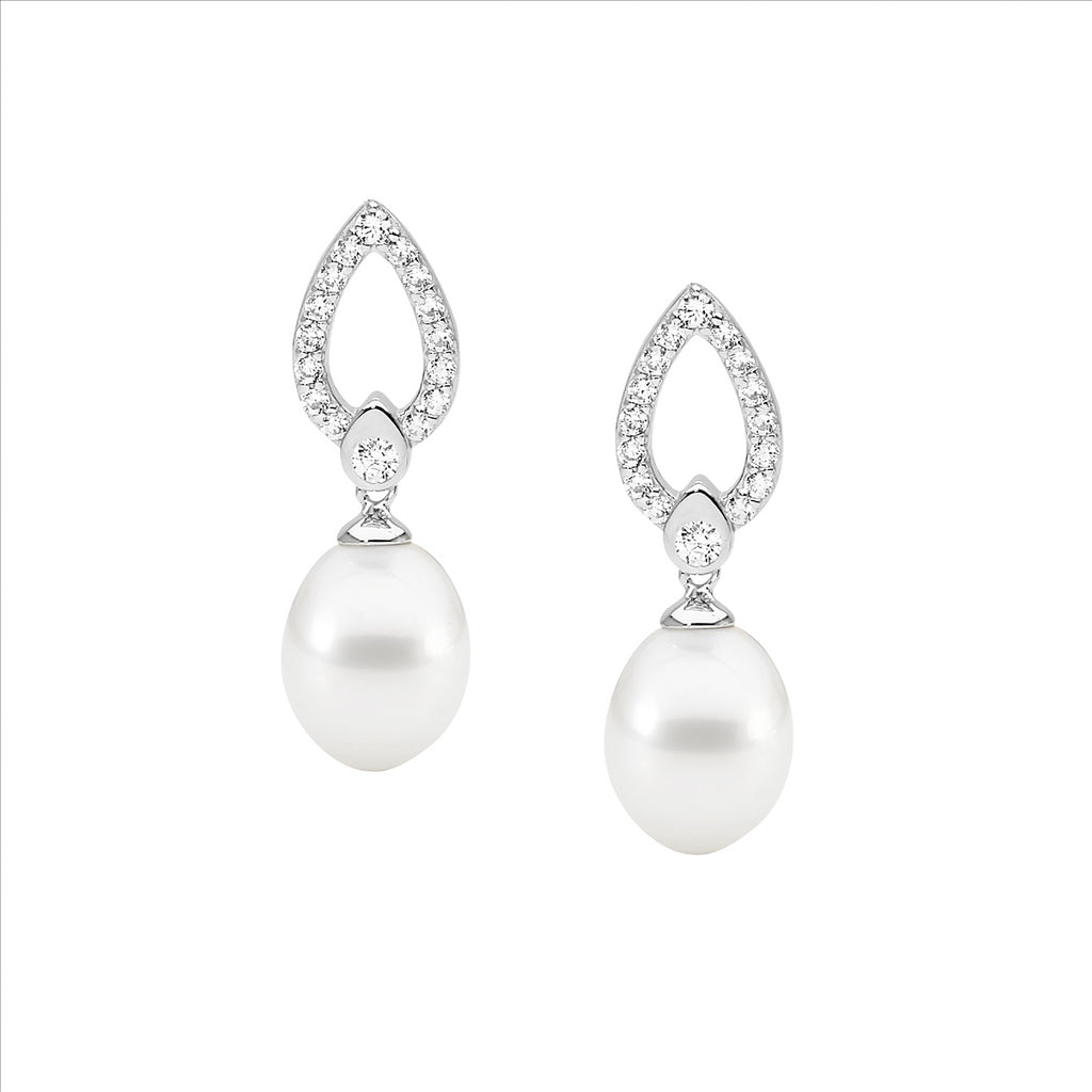 Sterling Silver,White Cubic Ziconia Tear Drop Earrings / Freshwater Pearl
