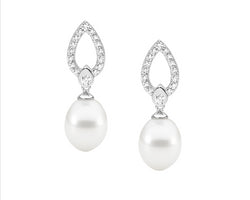 Sterling Silver,White Cubic Ziconia Tear Drop Earrings / Freshwater Pearl