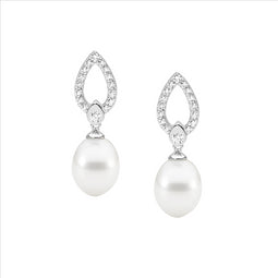 Sterling Silver,White Cubic Ziconia Tear Drop Earrings / Freshwater Pearl