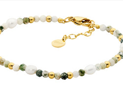 Stainless Steel Tree Agate & Freshwater Pearl 17.5Cm Bracelet W/Gold Ip Plating
