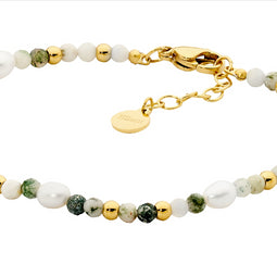 Stainless Steel Tree Agate & Freshwater Pearl 17.5Cm Bracelet W/Gold Ip Plating