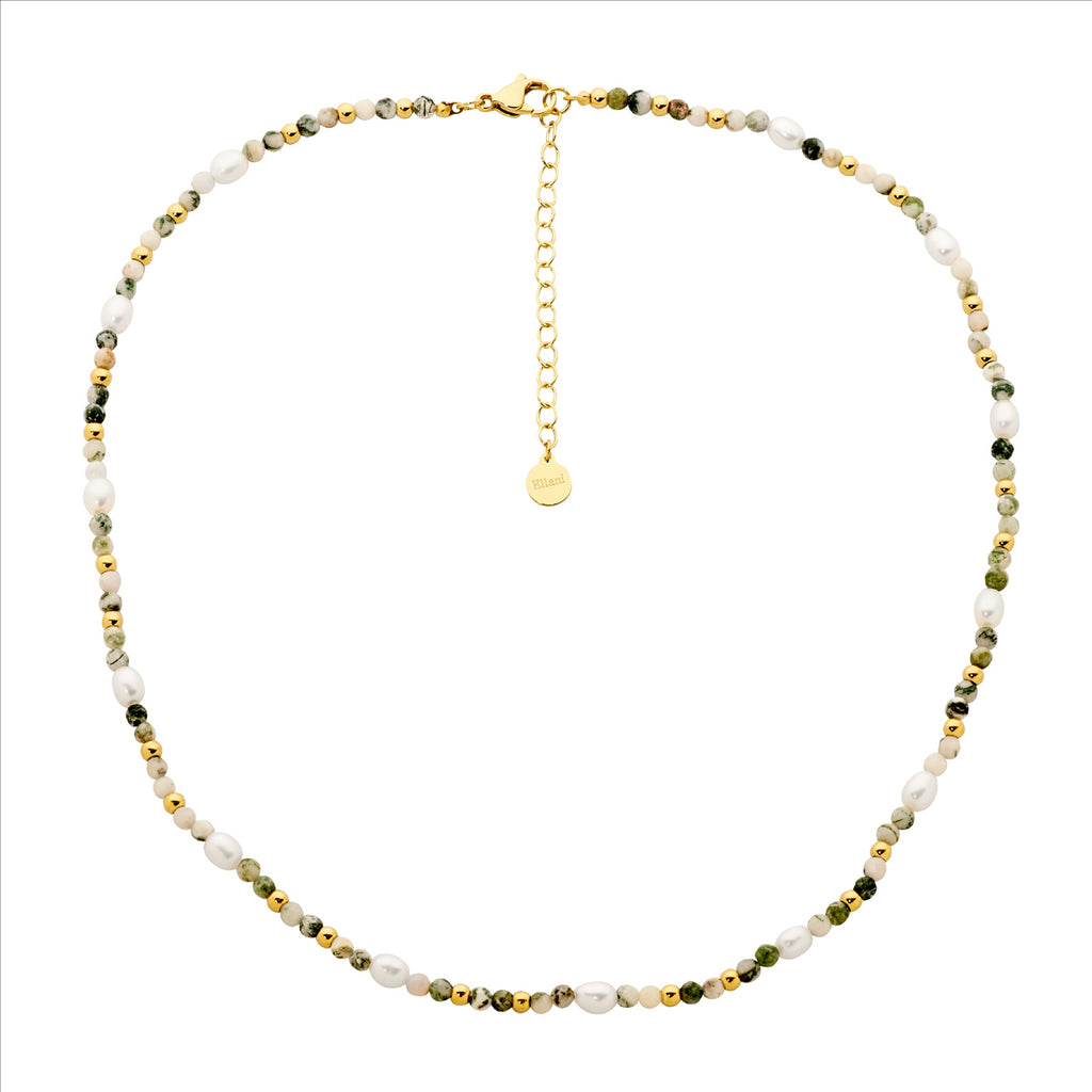 Stainless Steel Tree Agate & Freshwater Pearl 40Cm Necklace W/Gold Ip Plating