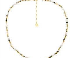 Stainless Steel Tree Agate & Freshwater Pearl 40Cm Necklace W/Gold Ip Plating
