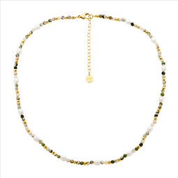 Stainless Steel Tree Agate & Freshwater Pearl 40Cm Necklace W/Gold Ip Plating
