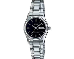 Casio Ladies Analogue Watch Day/Date, Wr, Silver Black Dial Ss Band