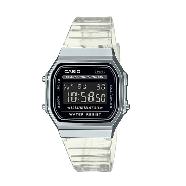 Casio Vintage A168 Digi Silver Case/ Blk Transparent Band
