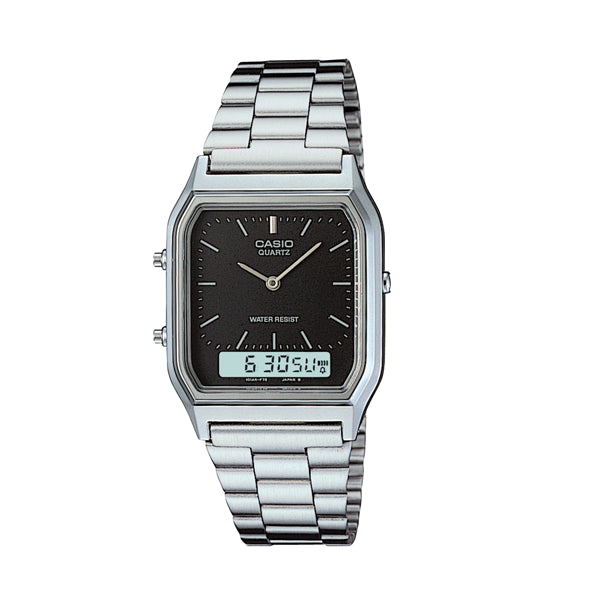 Casio Mens Dress Duo Silver Tone,Alarm,Wr Blk Face, Metal Band