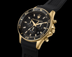 MASERATI SFIDA 44mm, Chronograph, Yellow Gold PVD case, Screw Case Back and Crown, Silicon Strap, WR 100m