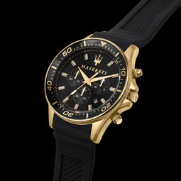 MASERATI SFIDA 44mm, Chronograph, Yellow Gold PVD case, Screw Case Back and Crown, Silicon Strap, WR 100m